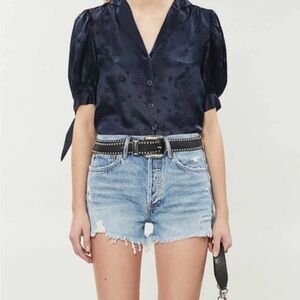 The Kooples NWT Silk Blend Mandarine Jacquard Puff Sleeve Blouse Blue Size 1/S